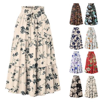 Womens Maxi Skirt Drawstring High Waisted Summer Long Skirts Lightweight Tiered Flowy Floral Pleated Skirts