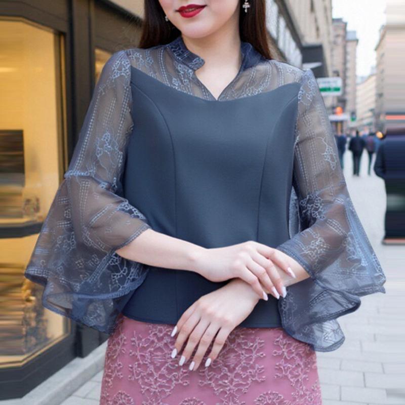 ZANZEA Women Casual V-Neck 3/4 Sleeve Mesh Patchwork Blouse