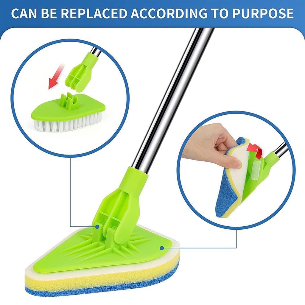 3 In 1 Long Handle Tile Scrubber Cleaning Brush Triangle Sponge Glass Wiper 180° Rotatable Retractable Bathroom Floor Cleaning
