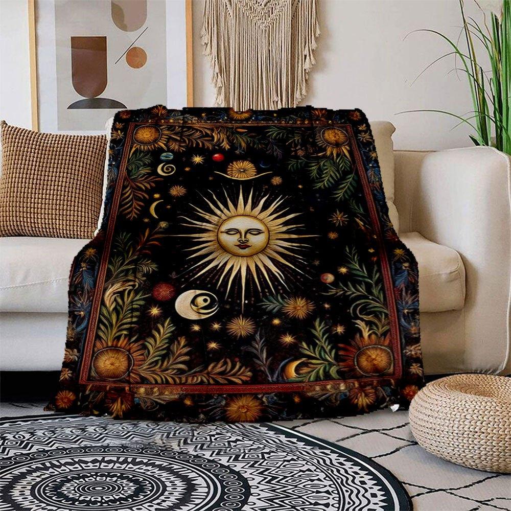 Celestial Harmony: Sun, Moon, Stars Tapestry Wall Hanging Blanket Flannel Throw Blanket for Sofa, Bed, Travel, Camping, Office, Couch, Chai 150x180cm