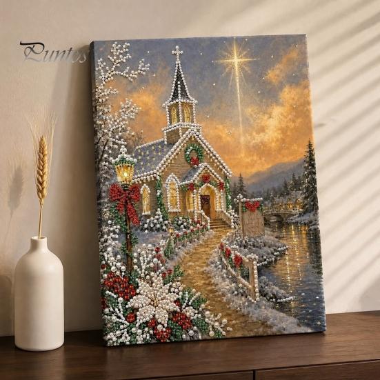Sparkling Gemstone Kits Christmas Church Faux Pearl Art Kit, Painting DIY 15.75 Round Crafting x 11.81 Inch Beginners Craft for Adults, Relaxing Home