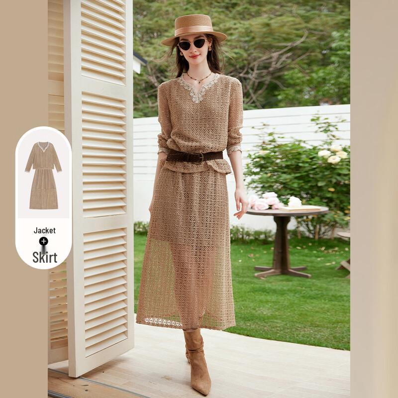 French V-Neck Lace Knit Two-Piece Set XL