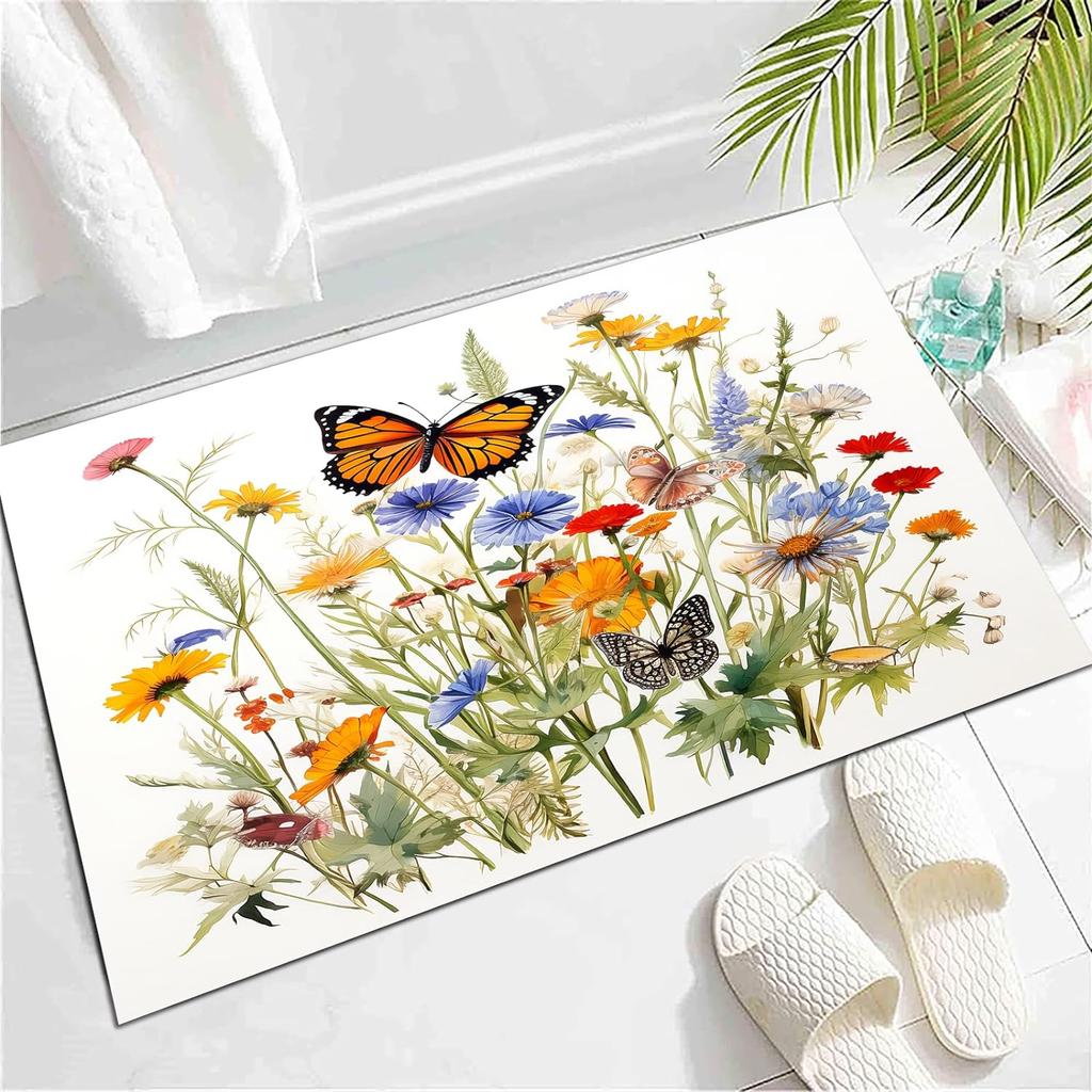 Wild Animal Butterfly Carpet Spring Garden Plant Floral Rug for Bedside Sofa, Botanical Flower Floor Mat Home Entrance Doormat