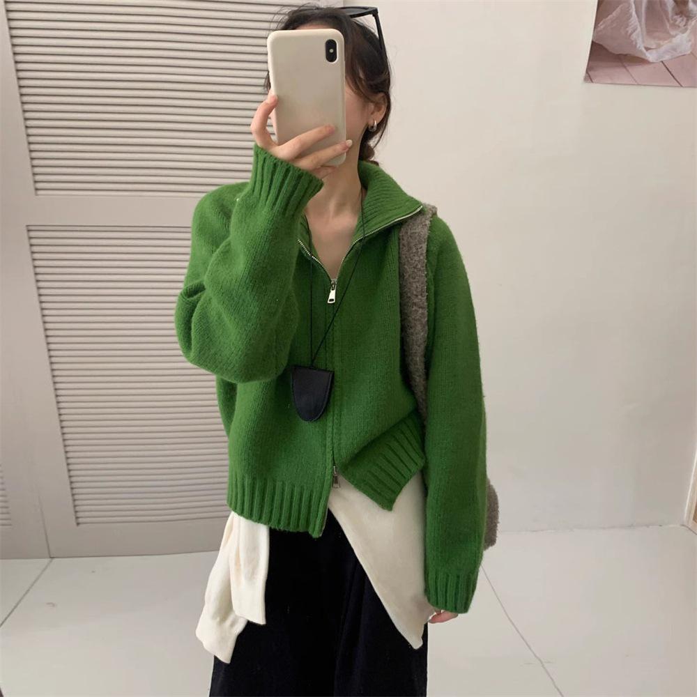 Women's Korean Style Stand Collar Double Zipper Knit Cardigan