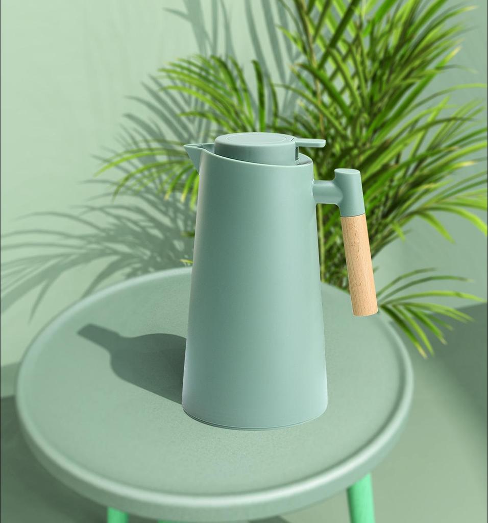 Nordic Thermos Pot with Wooden Handle & Glass Liner, Large-Capacity Hot Water/Coffee Kettle, Printable Design Gift.