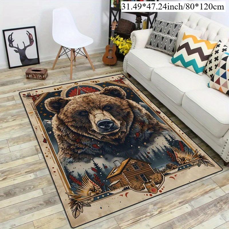 Flannel Printed Bear Lodge Rug Rustic Wildlife Design Living Room Carpet Soft Fleece Floor Mat Country Home Decor Unique Area