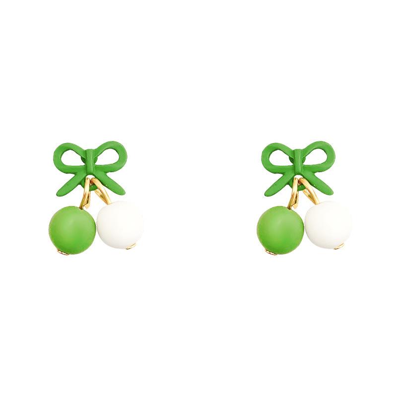 Silver Needle Green Bow Earrings Women's Small Fresh Mori Versatile Contrast Earrings Hong Kong Style Simple Ear Jewelry
