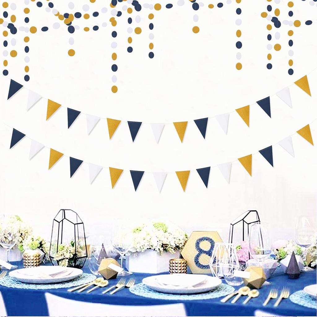 Navy-Blue White-Gold Party Decorations Banner - 2 Pack Men Birthday Graduation 2025 Glitter Sprinkles Paper Pennant Triangle Flags, Fathers Day