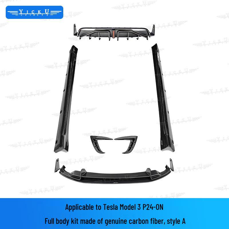 Upgrade your Tesla Model 3 P with CMST carbon fiber front lip with lights, rear lip, air intakes, and side skirts.