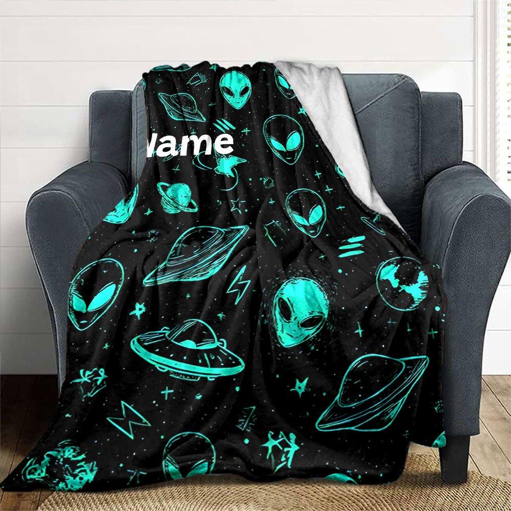 Alien Space Adventure Lightweight Personalized Blanket Customize Your Name Ultra Soft Throw For Sofa Couch Office Bed Picnics Ideal For All Seasons
