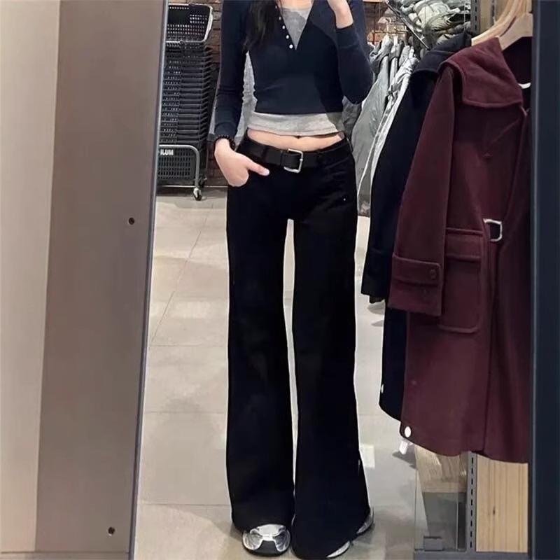 Plus Size Spicy Girl Low Waist Black Flare Jeans for Women - Autumn Slimming Retro Floor-Length Pants
