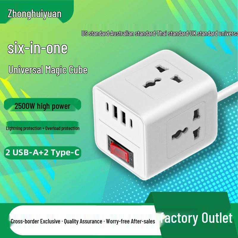 Portable Multi-Standard Power Strip with USB-C: AU, US, UK, EU Sockets