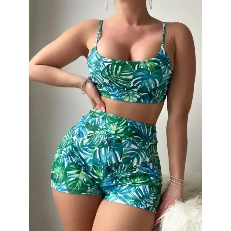 

Женский купальник из двух частей с принтом зеленых листьев, 2024, бикини-танкини с высокой талией, летний пляжный отпуск, купальник без спинки на бретелях с U-образным вырезом S зелёный