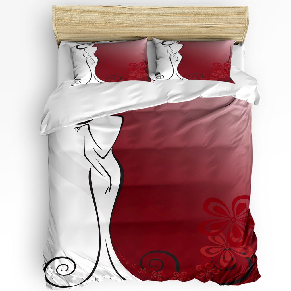 Fashion Woman Girls Hat Flowers Red Roses Bedding Set 3pcs Duvet Cover Pillowcase Quilt Cover Double Bed Set Home Textile
