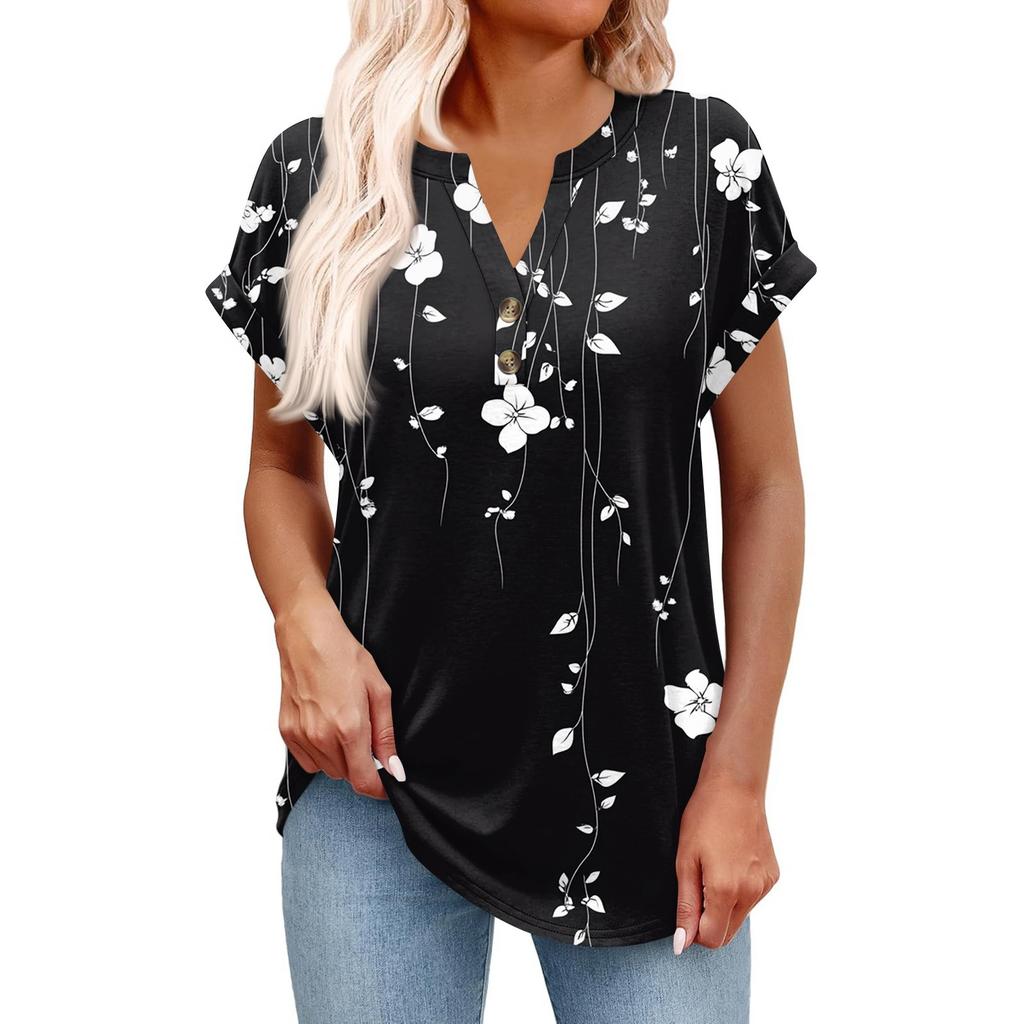 Top Pulôver Feminino Casual da Moda de Manga Curta com Decote em V, Botões e Estampa