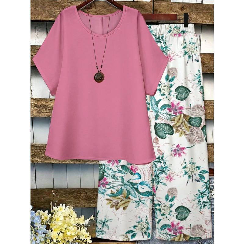 Women's Plus-size Summer New Style Casual Short-sleeved Printed Wide-leg Pants Top and Pants Two-piece Set
