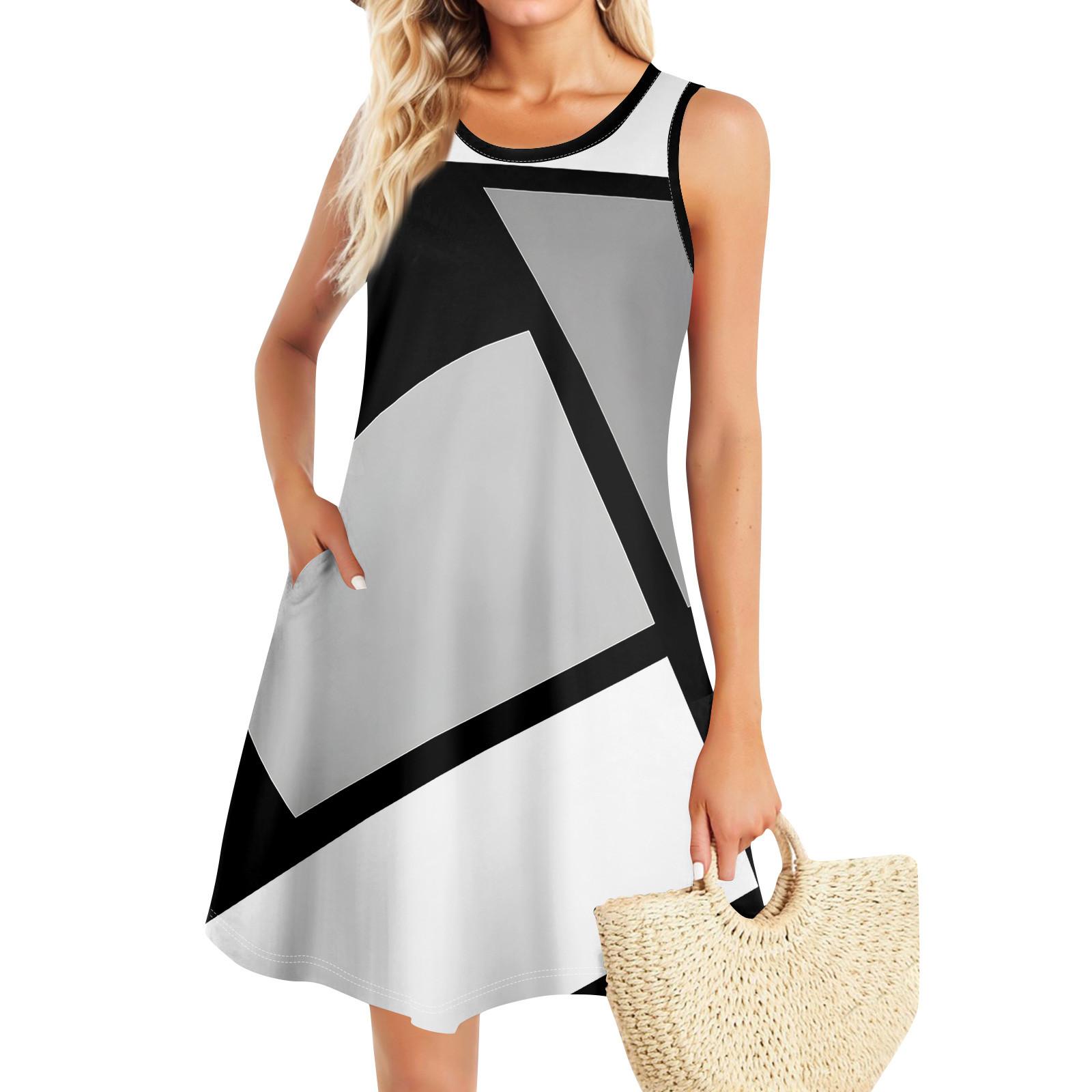 

Summer Dresses For Women Beach Boho Sleeveless Vintage Printing Flowy Pocket Tshirt Tank Sundresses XL