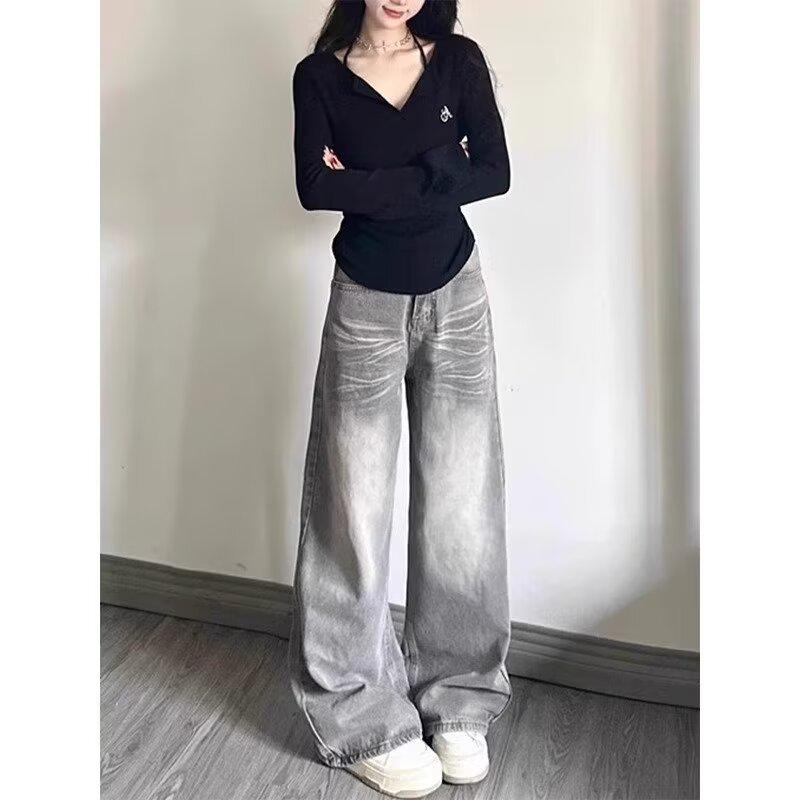 

American Retro Women s Gray Wide-Leg High-Waisted Jeans - Spring/Autumn Floor-Length Slimming Straight Pants S серый