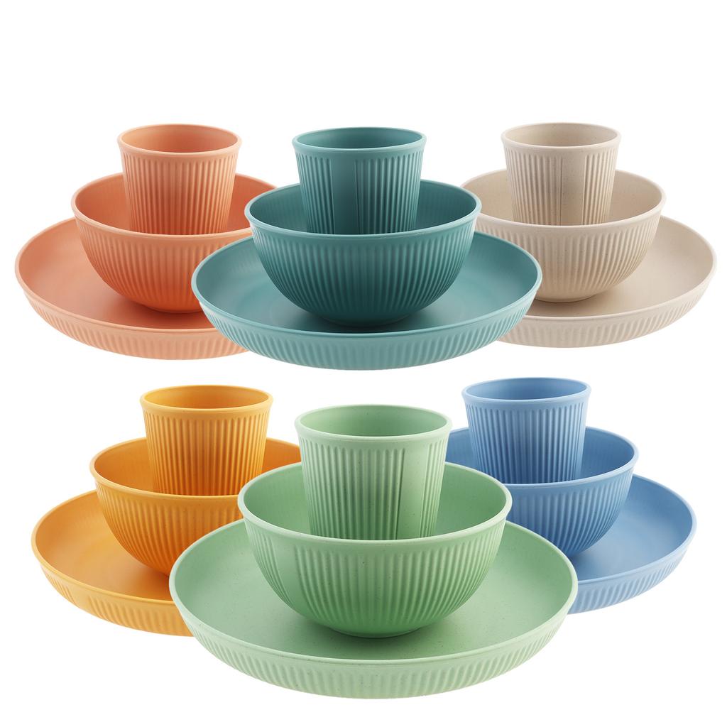 18-teiliges Tragbares Reise-Plastik-Teller- und Schüssel-Besteckset Vertikales Wiederverwendbares Geschirrset Essgeschirrsets für Picknick, Camping, Reisen, Schule