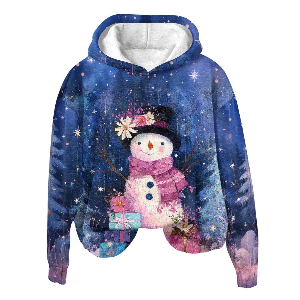 Women's Fashion Long Sleeve Christmas Print Loose Hooded Sweatshirt Top