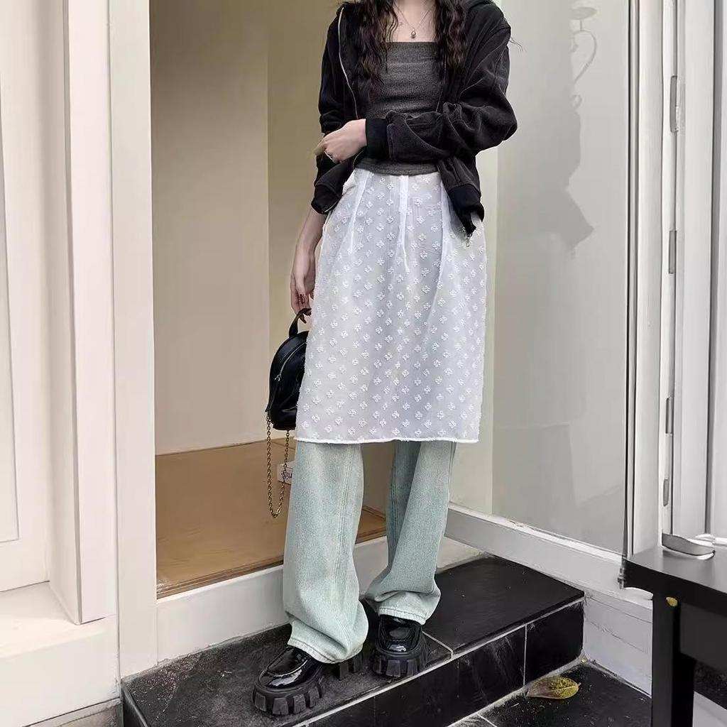 Gładka Przezroczysta Warstwowa Spódnica Midi z Wysokim Stanem, Wiązana i z Koronkowymi Detalami