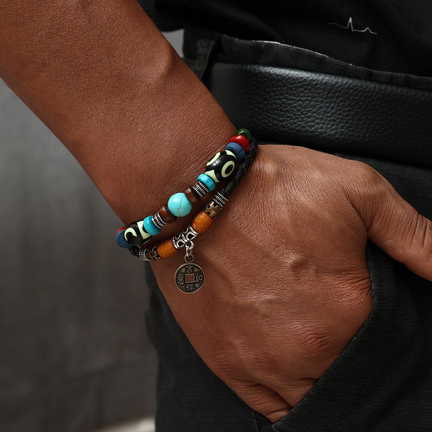 

Bohemian style antique copper coin pendant with double-layer leather rope woven colorful wood bead beaded men s lucky bracelet