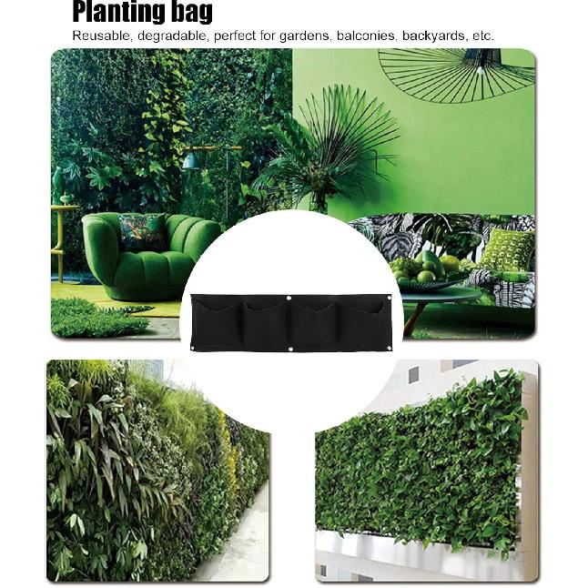 4Pcs 4 Pocket Felt Vertical Wall Garden Planter Plant Grow Bag Reusable Wall Mounted Planting Growing Bag for Flower Vegetable(Black)