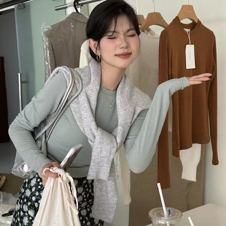 

210G skin-friendly cashmere, high elastic soft waxy solid color round neck long-sleeved front shoulder bottoming shirt women s spring, 2XL бірюзовий