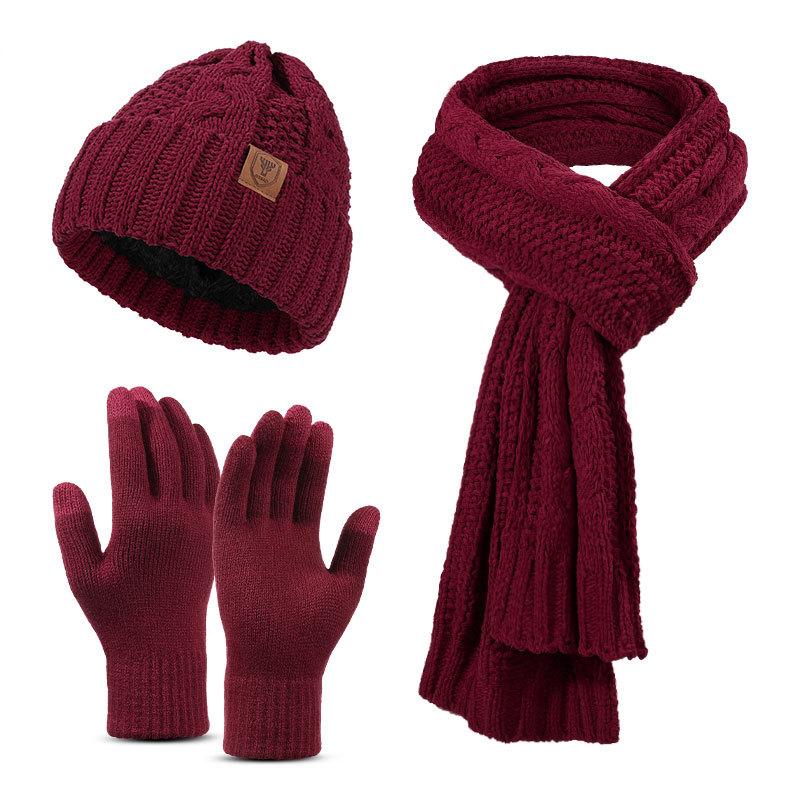 Winter Hat Scarf Gloves Three piece Set Men and Women Outdoor Plus Velvet Ear Protection Warm Knitted Hat Set