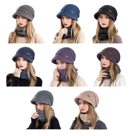2Pcs/Set Women Winter Hat Scarf Set Solid Color Elastic Thickened Ear Protection Knitting Hat