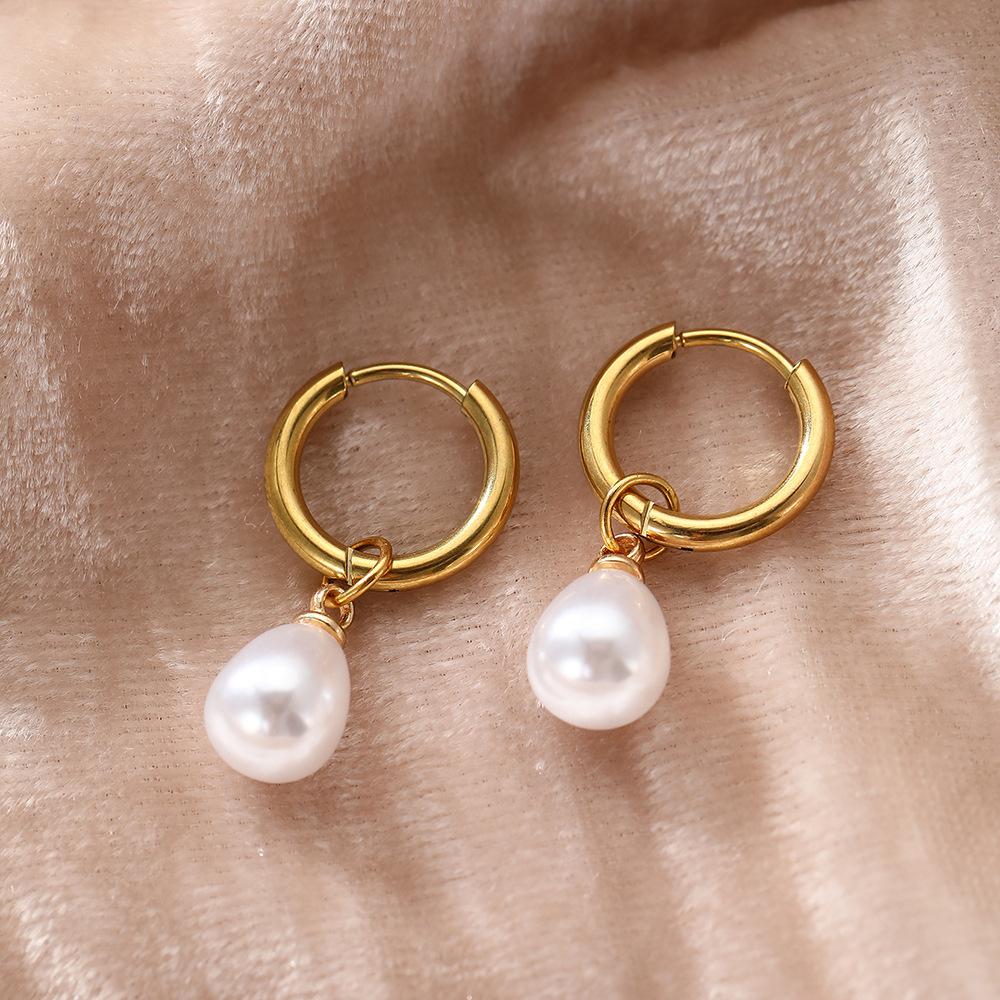 Simple Temperament Teardrop-shaped Imitation Pearl Pendant Stainless Steel Hoop Earrings for Women Daily Commuting Jewelry Gifts