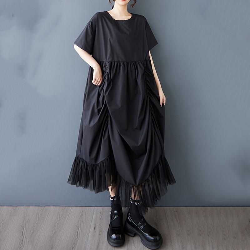 Kurzarm Plus Size Schwarzes Vintage-Kleid, neu in Kleidern für Damen, lässig, locker, lang, Sommerkleid