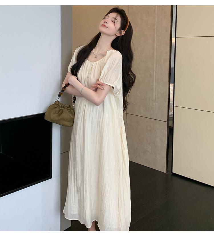 2026 Summer New Maternity Fairy Dress: Simple Round Neck, Loose Fit with Slimming Belt