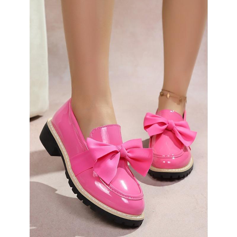 Damen Übergröße Britischer Stil Lackleder Loafers Neue Herbst Schleife Mittelhoch Blockabsatz Schuhe