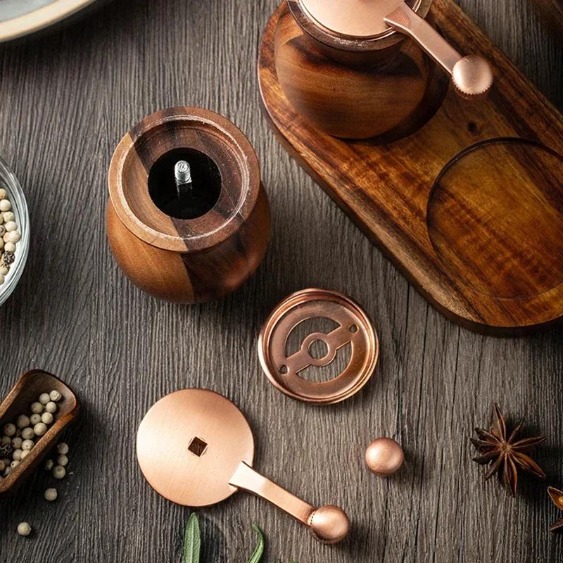 Hand Cranked Pepper Grinder Set Vase Shape Acacia Wooden Black Pepper Grinder Adjustable Ceramic Core Kitchen Grinding Tools