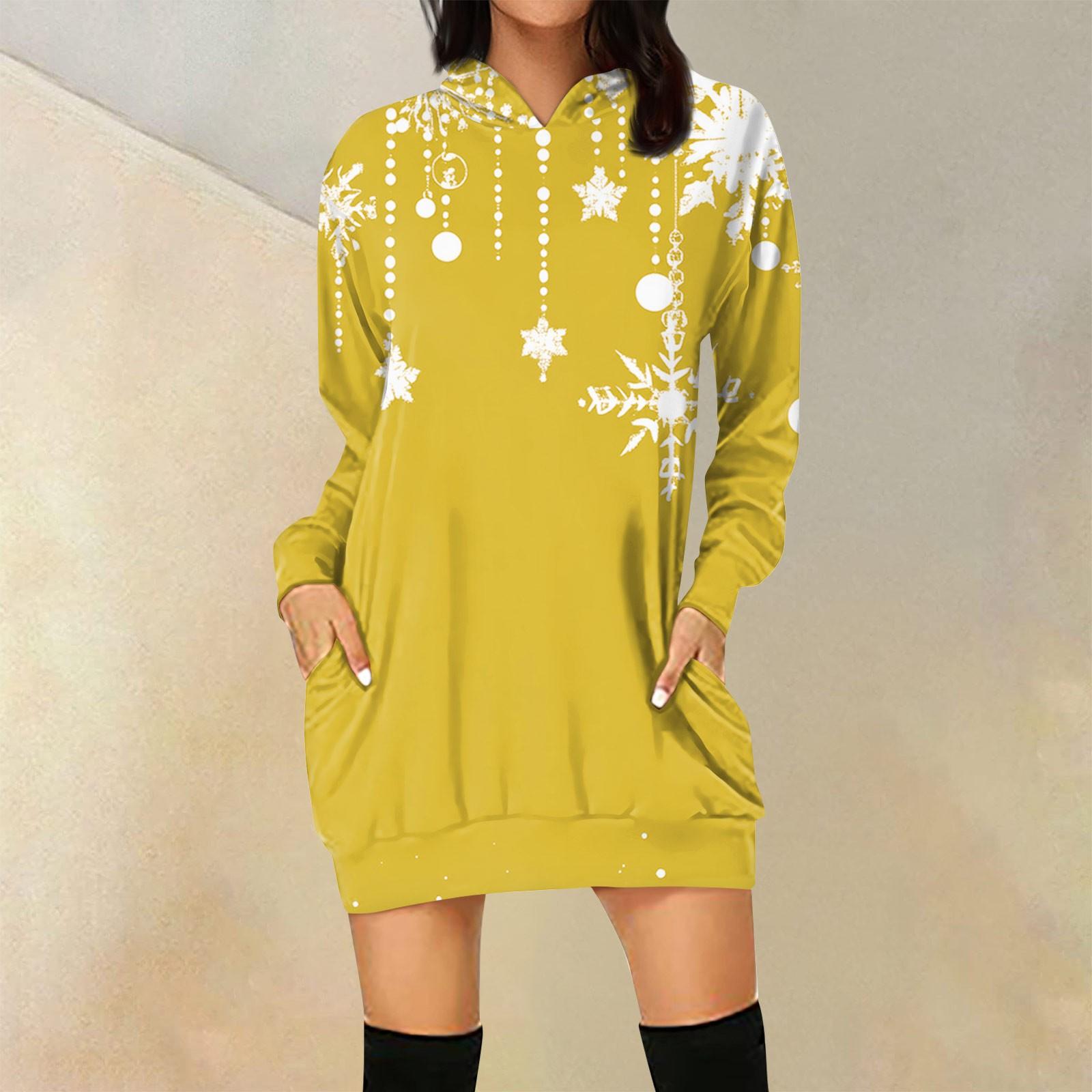 

Женская свободная повседневная толстовка с капюшоном и карманом с длинными рукавами с рождественским принтом, длинный топ L жёлтый