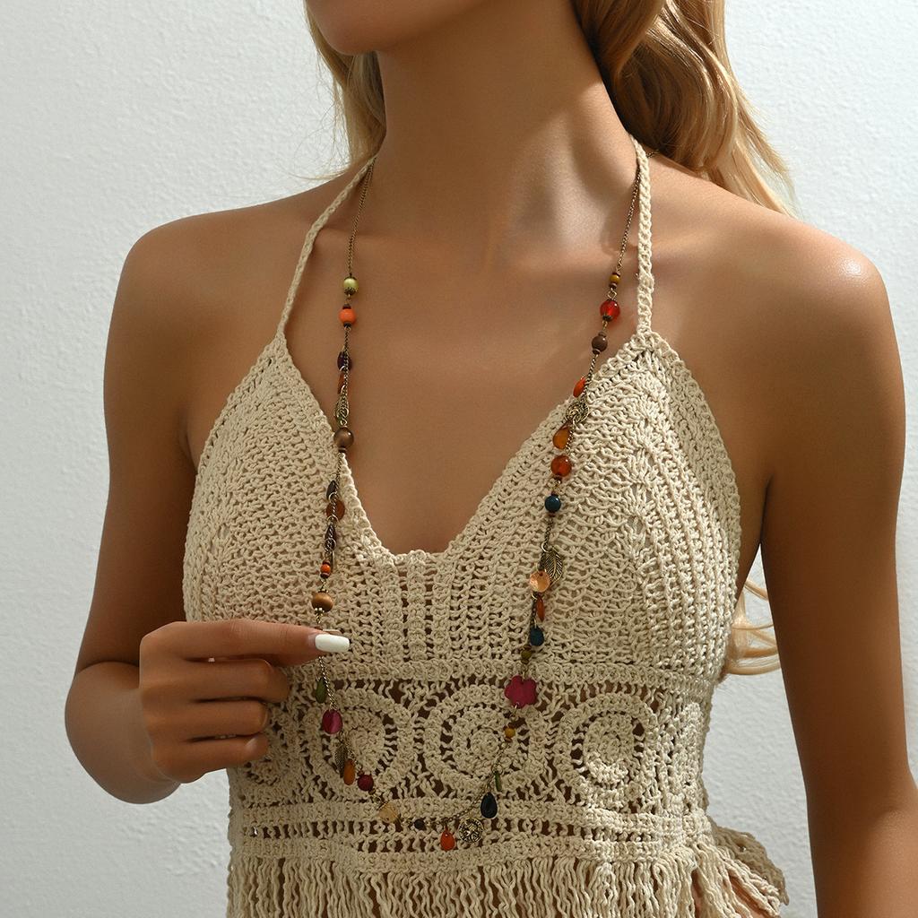 Bohemian Cat's Eye Flower Necklace, Fashionable French Long Necklace for Women