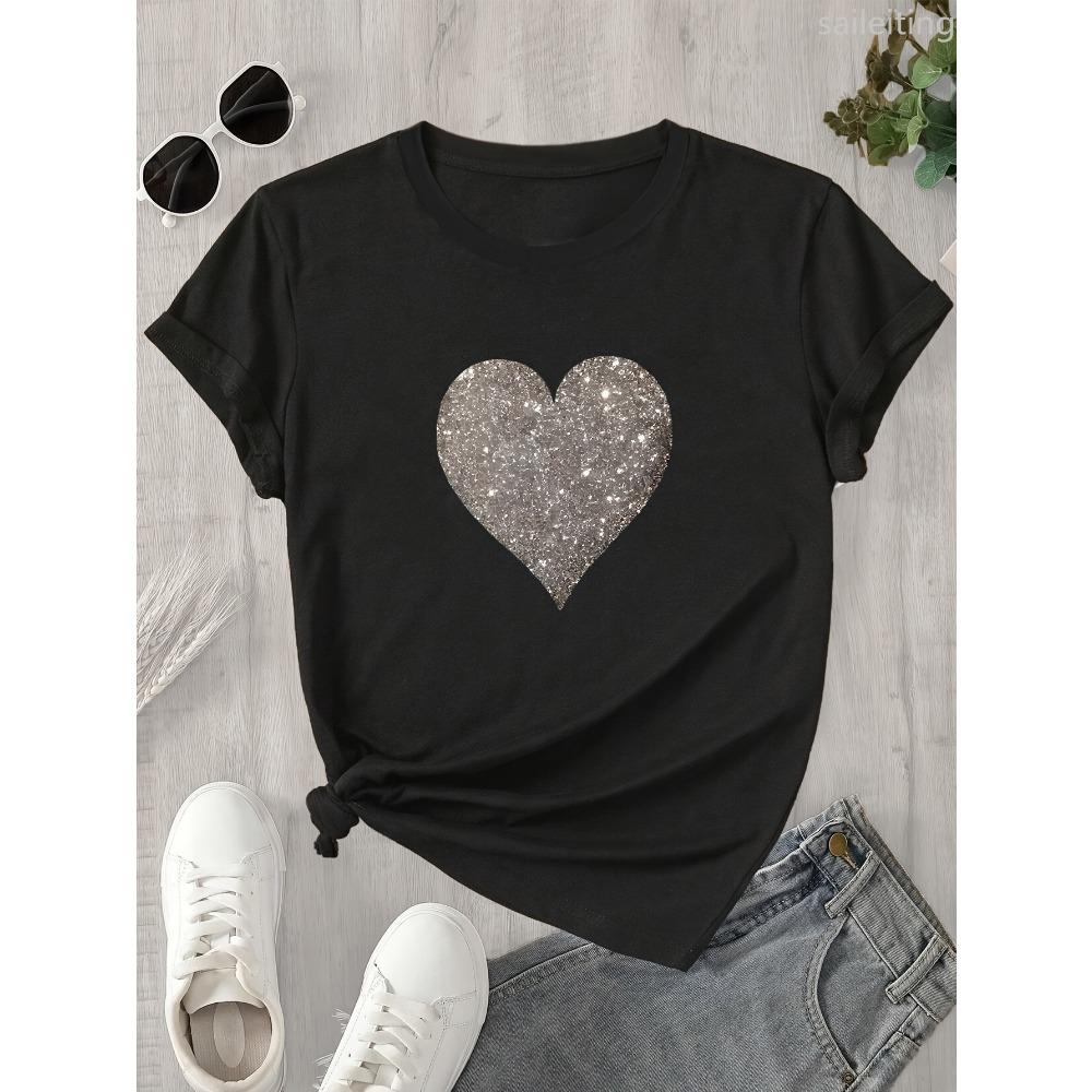 T-shirt a maniche corte da donna con stampa a cuore Perfetta per l'abbigliamento casual Top estivi a maniche corte