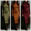 Retro Solid Suede Slim Fit Long Women Fall Turtleneck High Waist Party Winter Dresses Long Sleeve Pullover Female Clothing