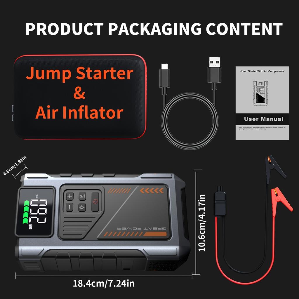 Portable Car Jump Starter with Air Compressor, Jump Starter Battery Pack, 5000A Peak with 150 PSI Tire Inflator, 12V Car Battery Jump Power Pack