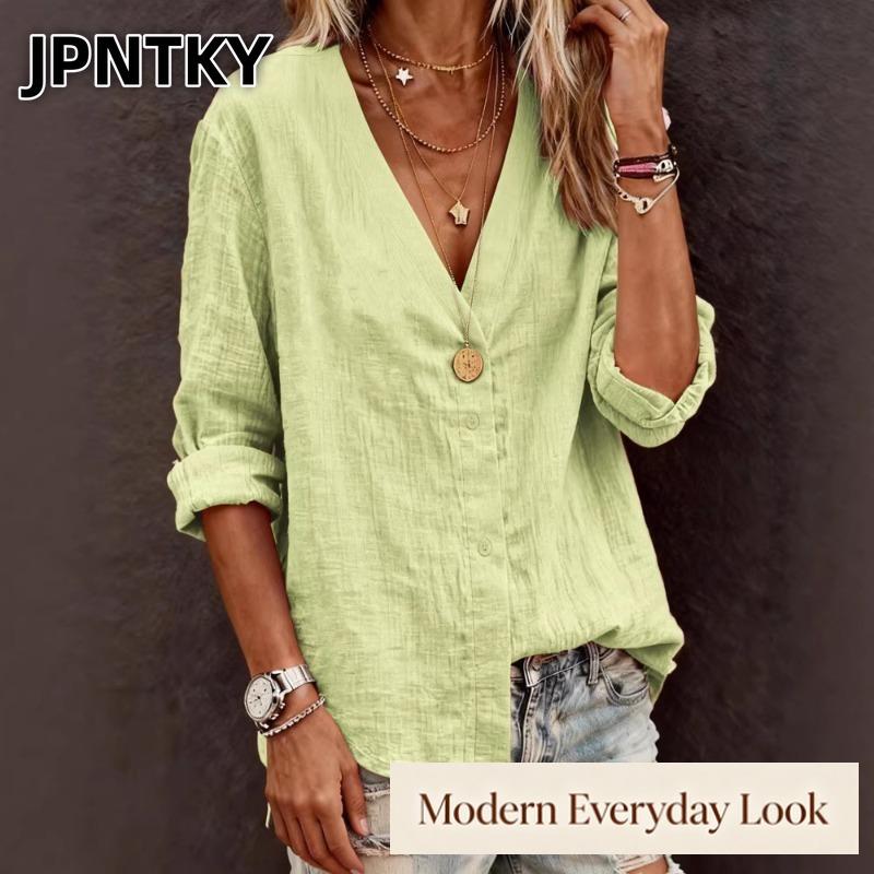 JPNTKY Women's Fashion Casual Solid Color Print Long Sleeve V Neck Blouses & Shirts
