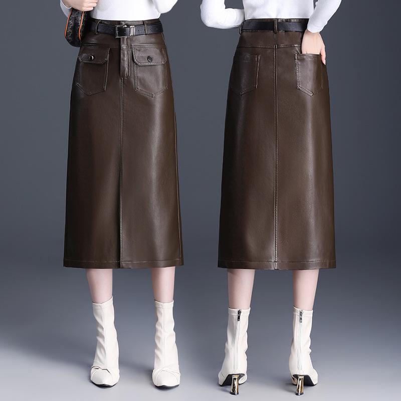 Modischer Damen-Lederrock aus Lammleder mit Schlitz - Hohe Taille, Mittellang, Faltenmildernd, Trendiger Pendlerstil.