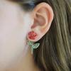 Sweet Cute Red Apple Shaped Earrings For Women Full Rhinestone Strawberry Rose Flower Green Leaf Earring Wedding Party Jewelry