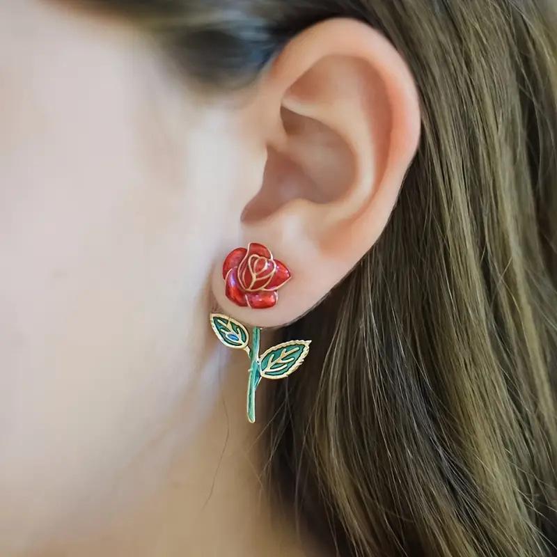 Sweet Cute Red Apple Shaped Earrings For Women Full Rhinestone Strawberry Rose Flower Green Leaf Earring Wedding Party Jewelry
