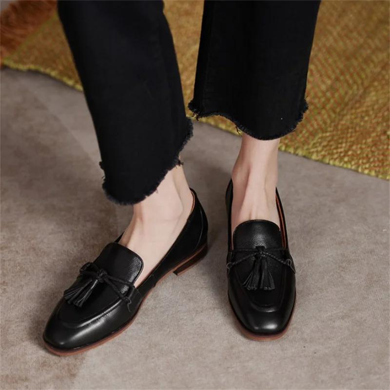 Fashion Fashion Women's Loafers Tassels SquareToe Flat Shoes Shallow Mouth Commuter Daily Casual Vintage  Leather Shoes British