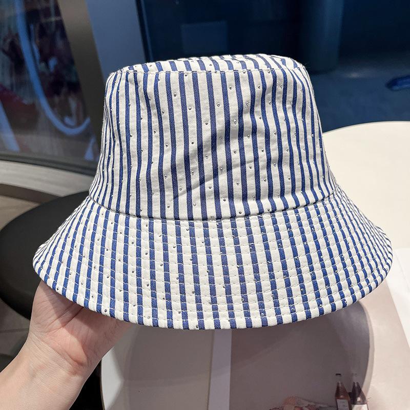 Spring and Autumn Water Diamond bucket hat Striped color matching hat Women's outdoor leisure bucket hat Shade basin hat