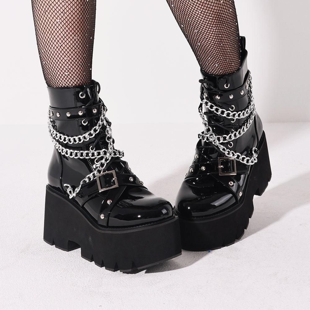 

Готические ботильоны Y2k женские на платформе на массивном высоком каблуке с заклепками и металлической цепью, декор, толстая подошва, мотоциклетные короткие ботинки для женщин Fa 43