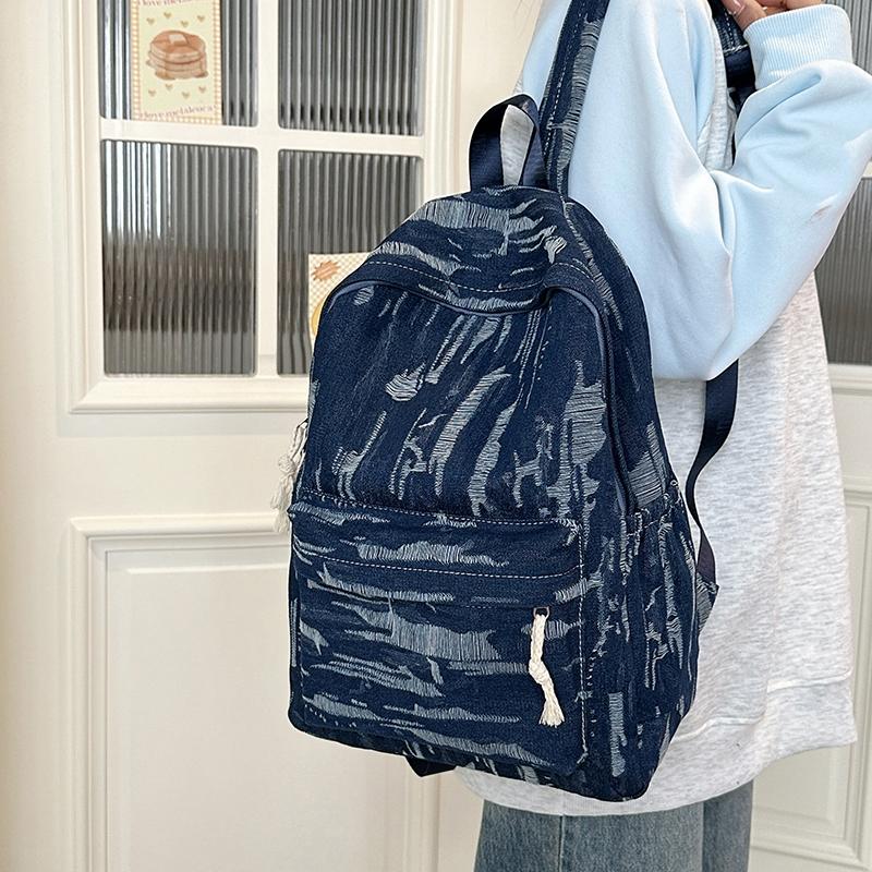 Denimryggsekk med stor kapasitet i collegestil, student-skolesekk, damereiseveske
