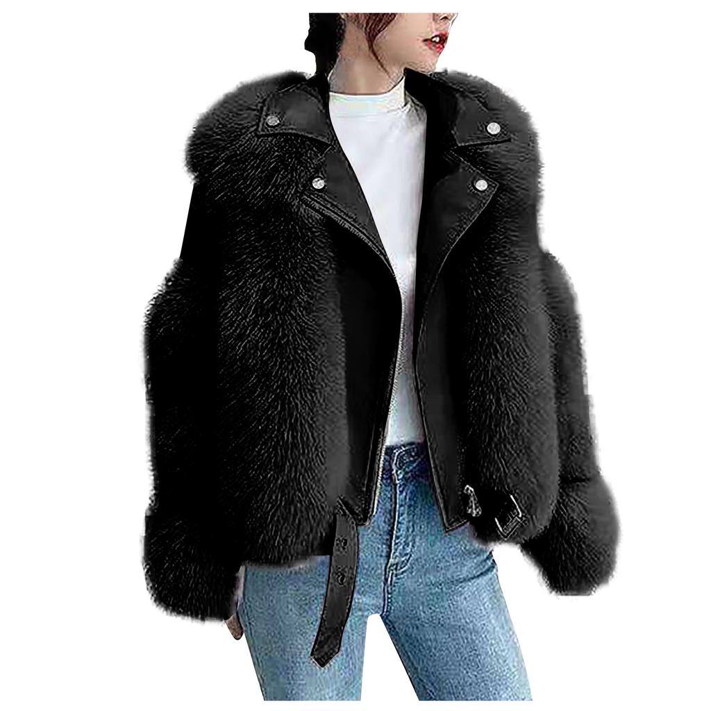 Womens Ladies Warm Solid Color Plush Long Sleeve Motorcycle  Winter Short Coat