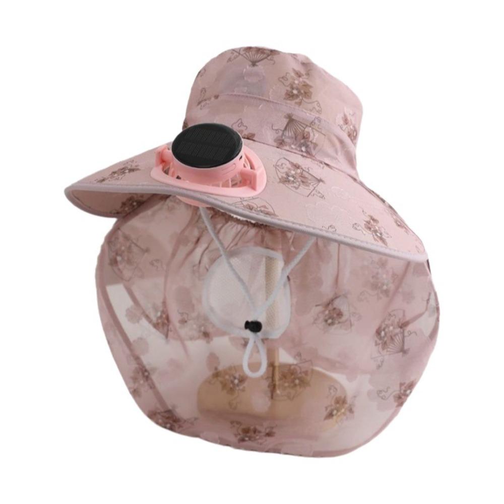 Door Fan Anti-UV Solar Fan Cap Breathable 300MA Current Sun Cap Long Sun Shield Floral Design Cooling Fan Hat Outdoor Activities
